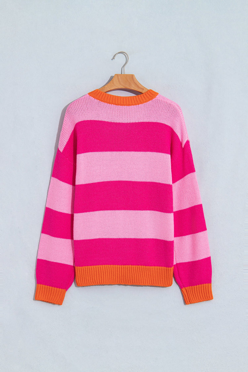 Color Block Striped Sweater for Women with Contrast Ribbed Trim in Pink, flat lay back