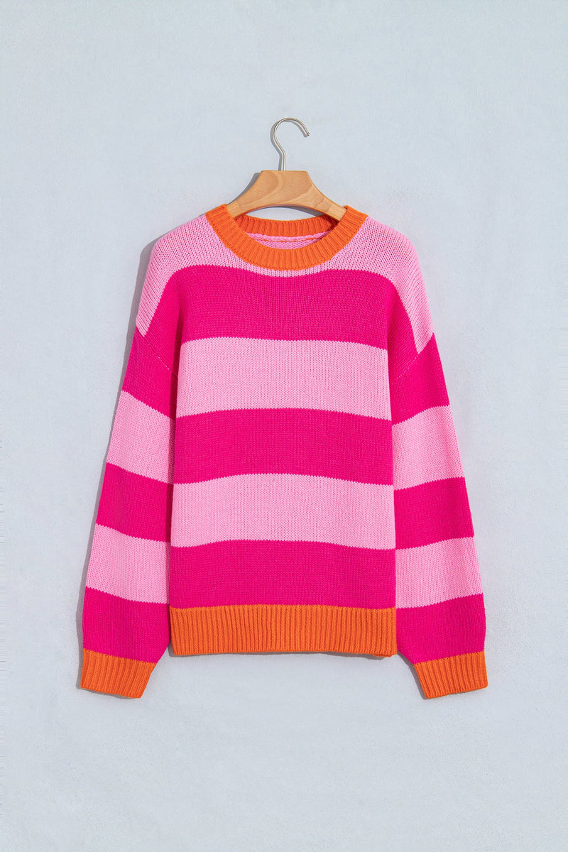Color Block Striped Sweater for Women with Contrast Ribbed Trim in Pink, flat lay front