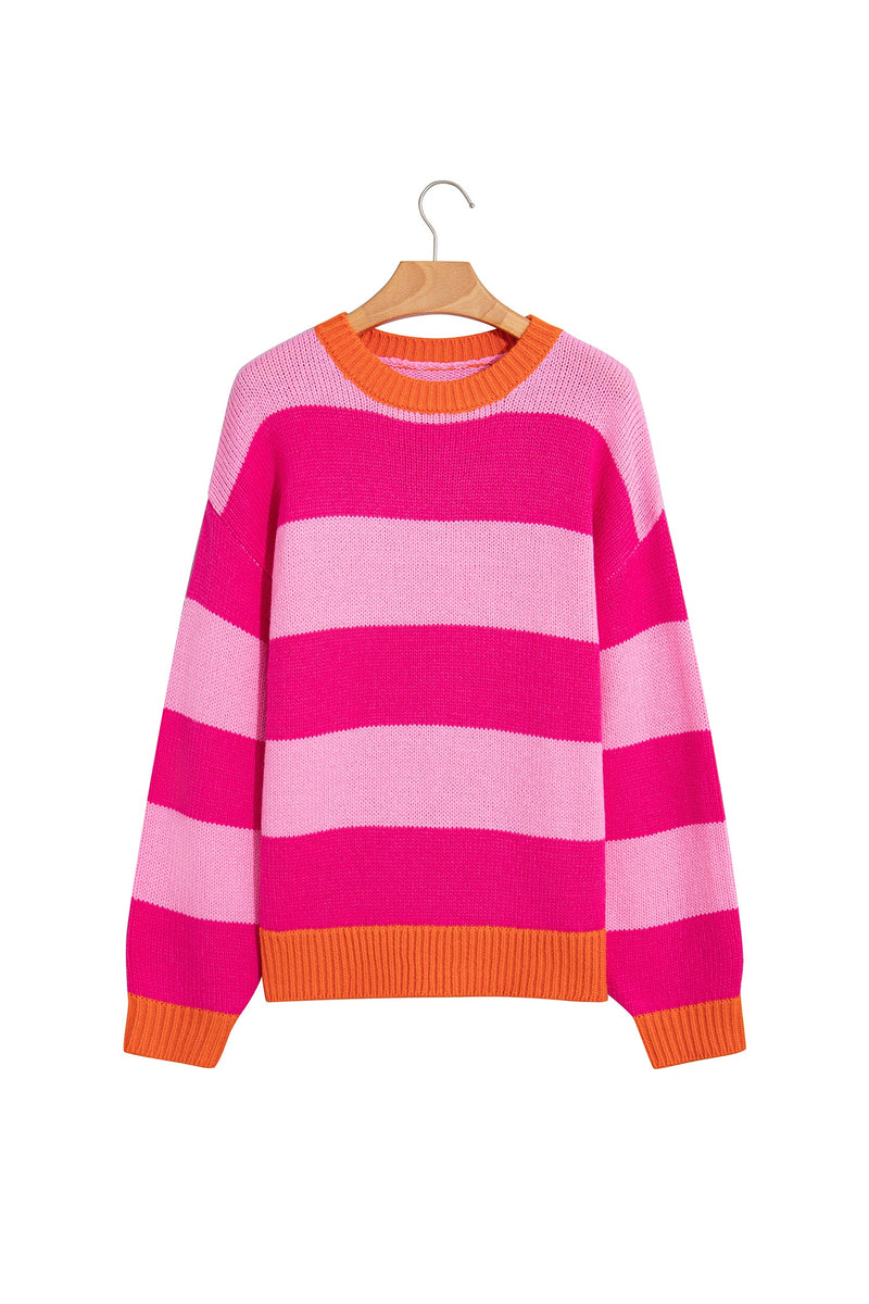 Color Block Striped Sweater for Women with Contrast Ribbed Trim in Pink, flat lay on white