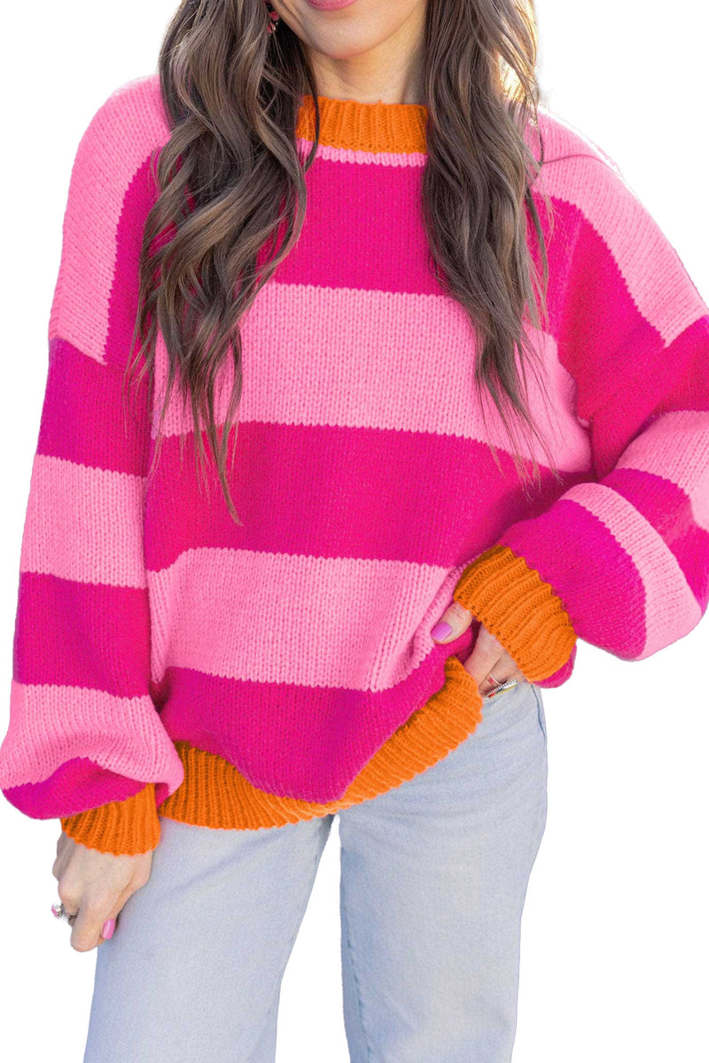 Color Block Striped Sweater for Women with Contrast Ribbed Trim in Pink, front view close-up