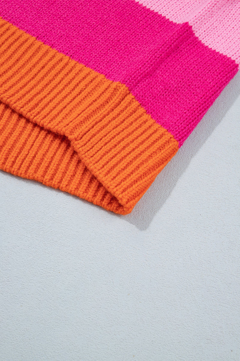 Color Block Striped Sweater for Women with Contrast Ribbed Trim in Pink, hem detail
