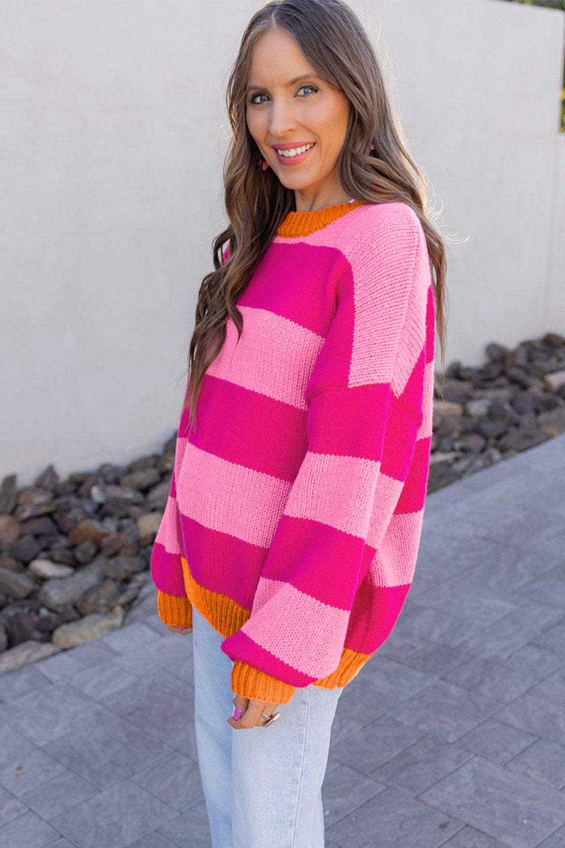 Color Block Striped Sweater for Women with Contrast Ribbed Trim in Pink, side view