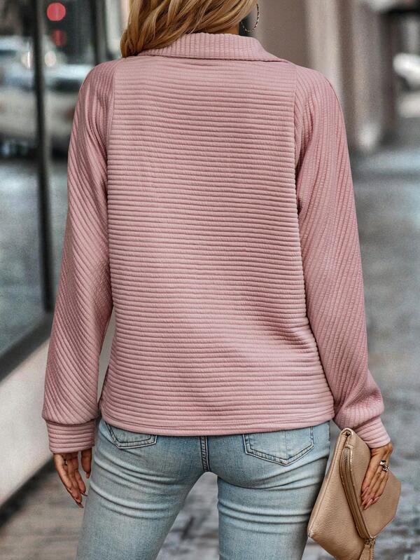Ribbed Quarter Zip Sweater for Women with Stand Collar and Raglan Sleeves in Pink, back view