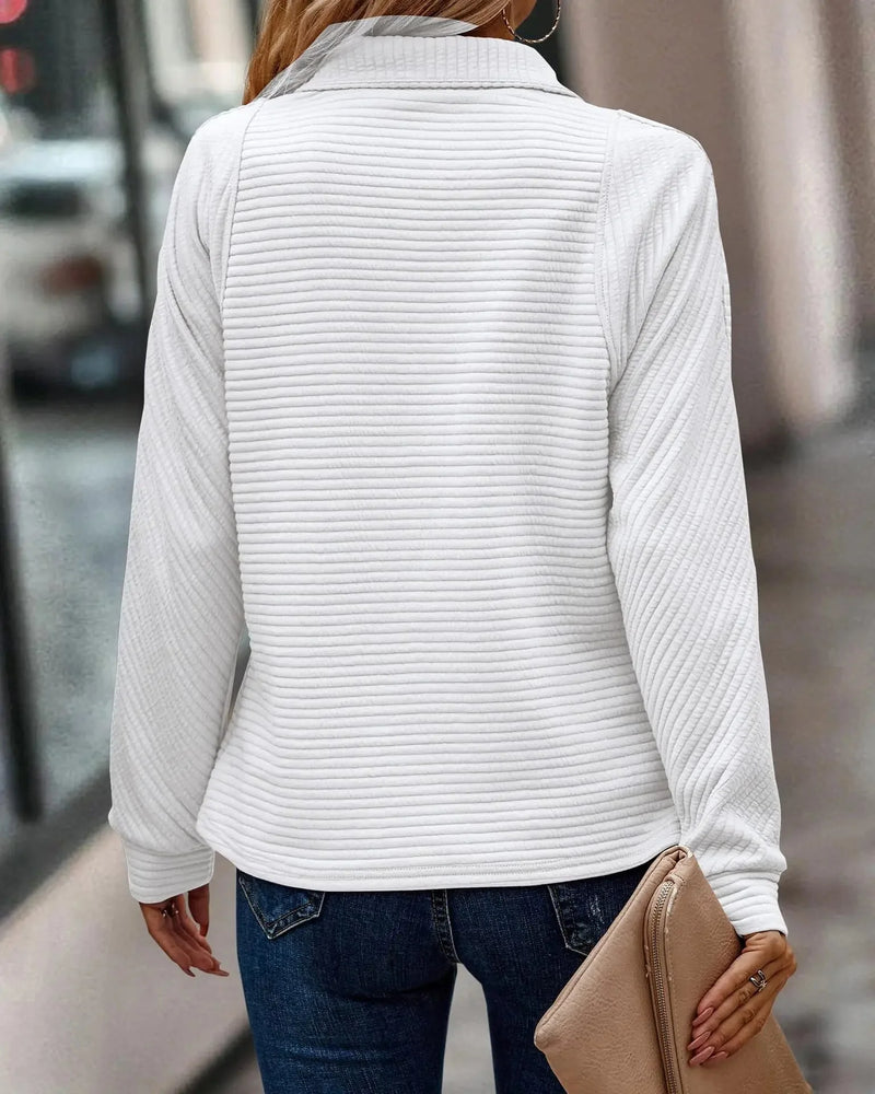 Ribbed Quarter Zip Sweater for Women with Stand Collar and Raglan Sleeves in White, back view