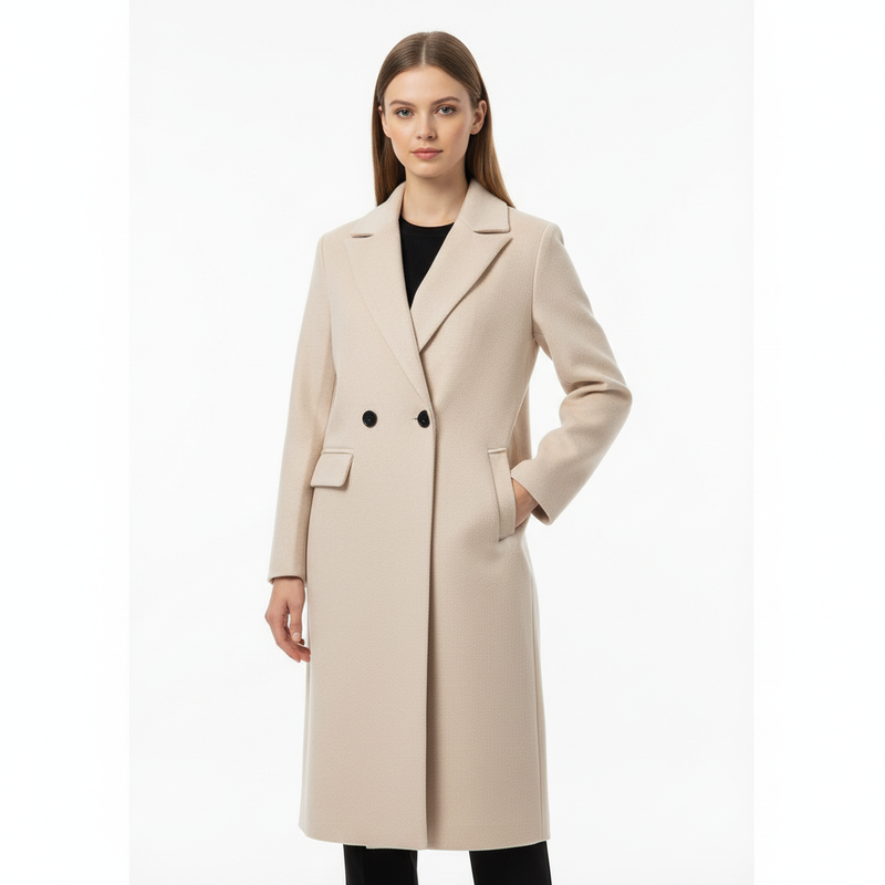 Long Double Breasted Coat for Women with Notched Lapels and Flap Pockets in Beige, front view