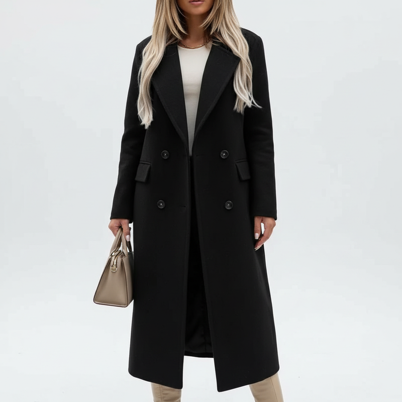 Long Double Breasted Coat for Women with Notched Lapels and Flap Pockets in Black, front view