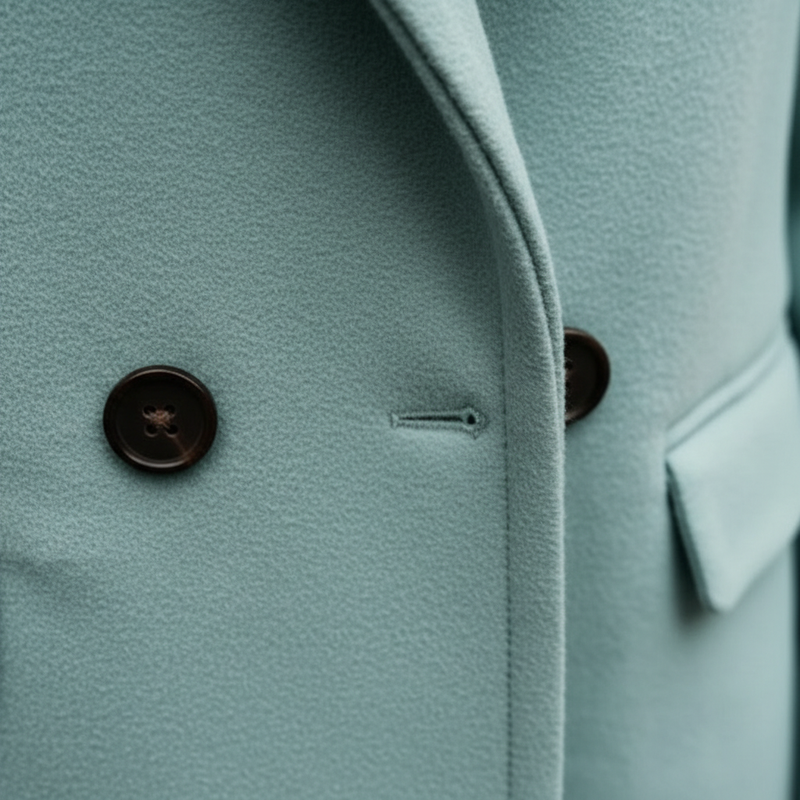 Long Double Breasted Coat for Women with Notched Lapels and Flap Pockets in Light Blue, button close-up
