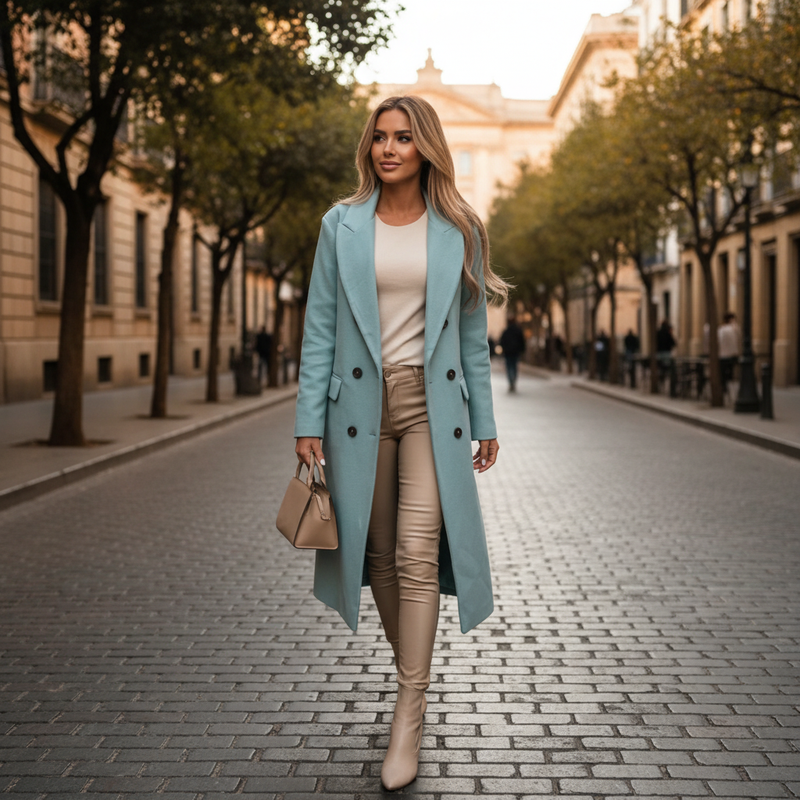 Long Double Breasted Coat for Women with Notched Lapels and Flap Pockets in Light Blue, street view