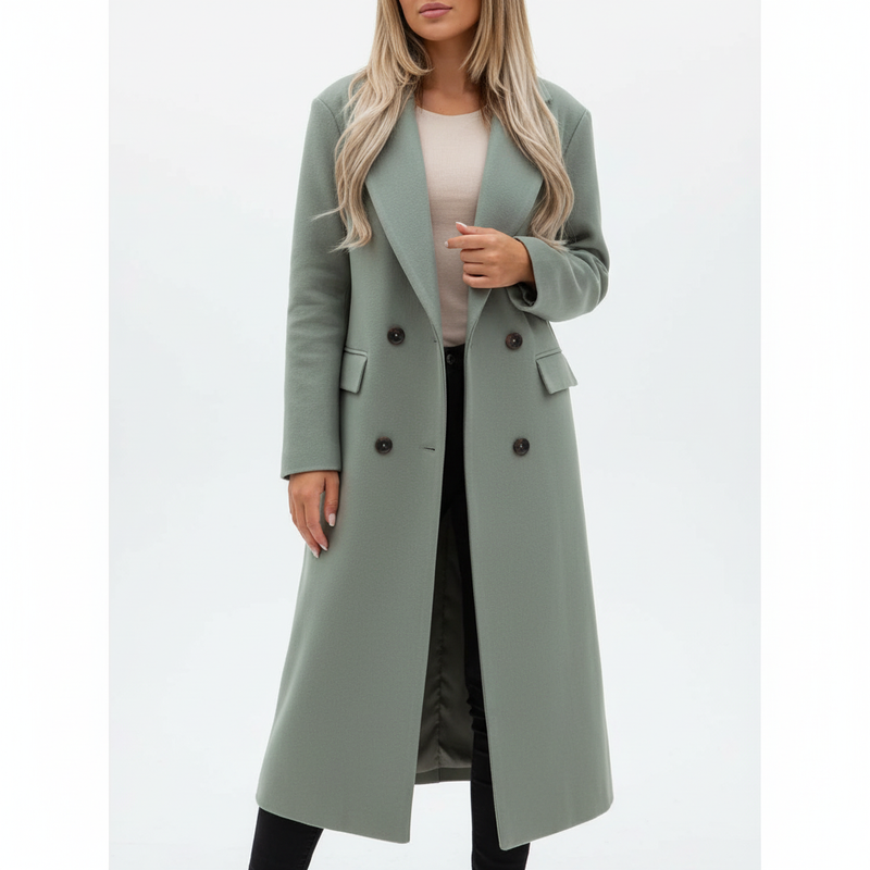 Long Double Breasted Coat for Women with Notched Lapels and Flap Pockets in Sage Green, front view