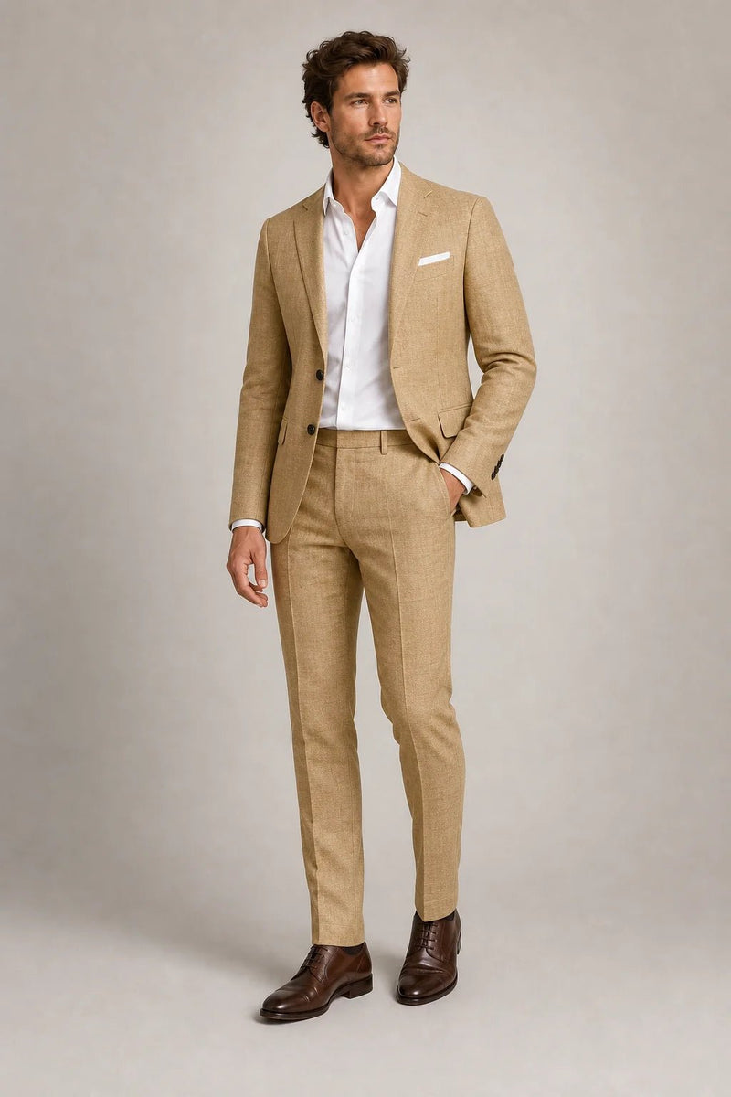 Sofaine Aiden slim-fit blazer and trouser set in camel tan, worn front view