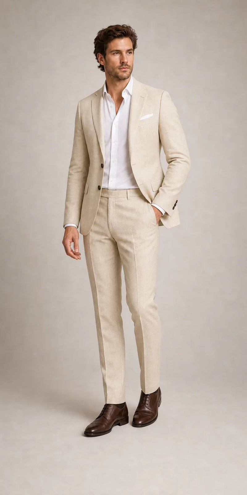 Sofaine Aiden slim-fit blazer and trouser set in cream, worn front view