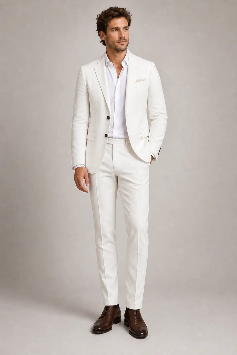 Sofaine Aiden slim-fit blazer and trouser set in off-white, worn front view