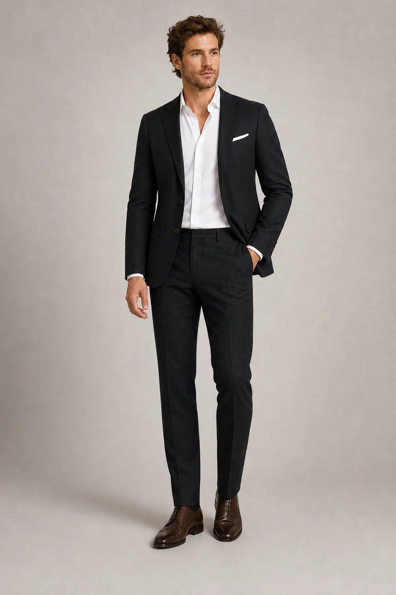Sofaine Aiden slim-fit blazer and trouser set in black, worn front view