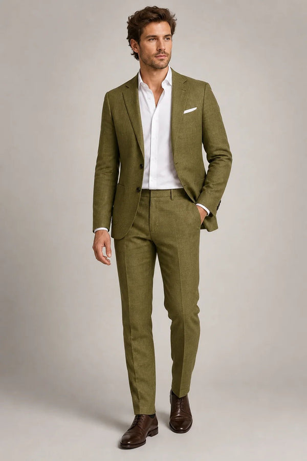 Sofaine Aiden slim-fit blazer and trouser set in olive green with white shirt, worn front view