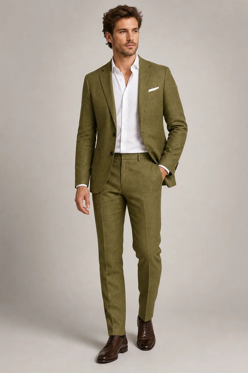 Sofaine Aiden slim-fit blazer and trouser set in olive green with white shirt, worn front view