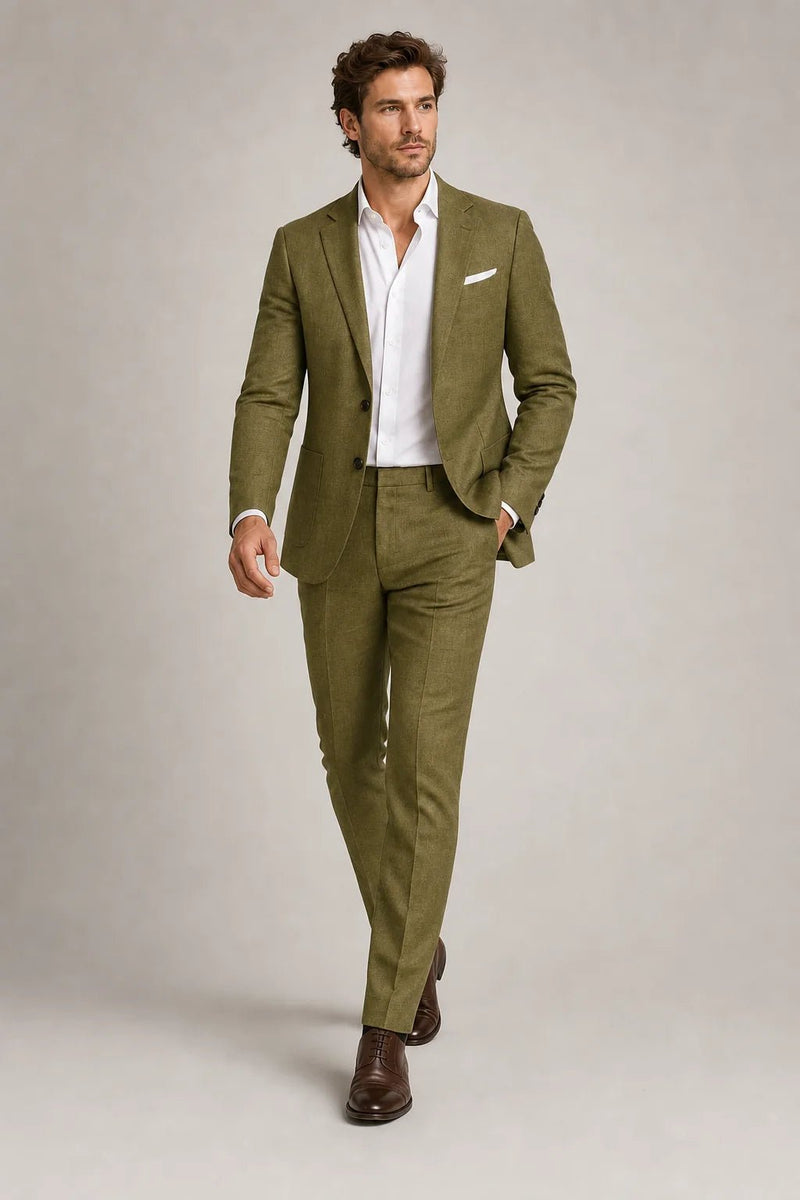 Sofaine Aiden olive green blazer and trouser set worn walking, styled full look