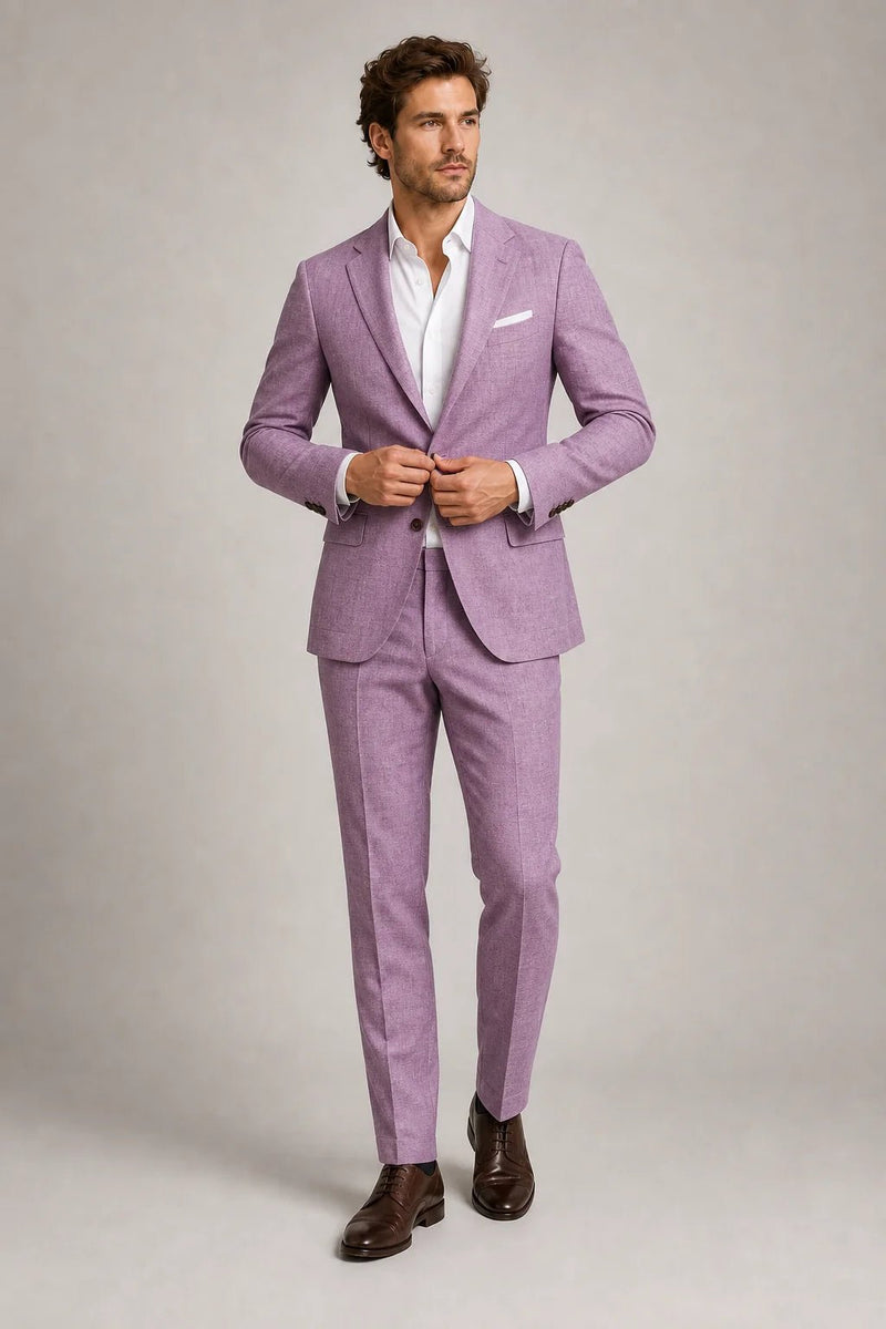 Sofaine Aiden slim-fit blazer and trouser set in lilac, model buttoning jacket, front view