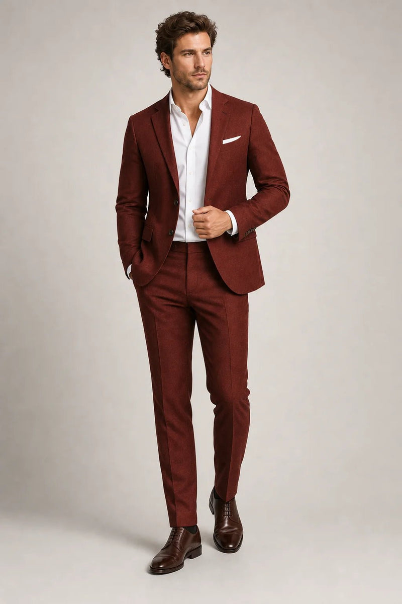 Sofaine Aiden slim-fit blazer and trouser set in rust red, worn front view