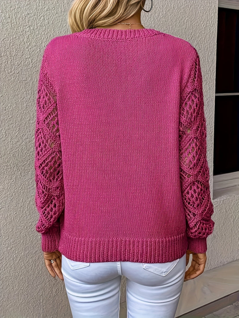 Crochet Sleeve V-Neck Sweater for Women with Dropped Shoulders in Hot Pink, back view