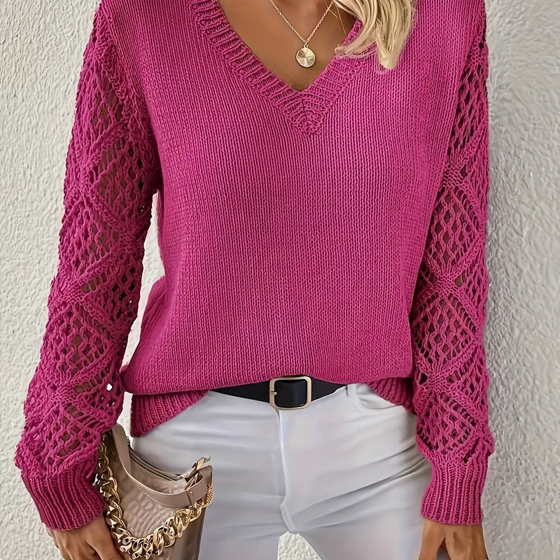 Crochet Sleeve V-Neck Sweater for Women with Dropped Shoulders in Hot Pink, cropped front view