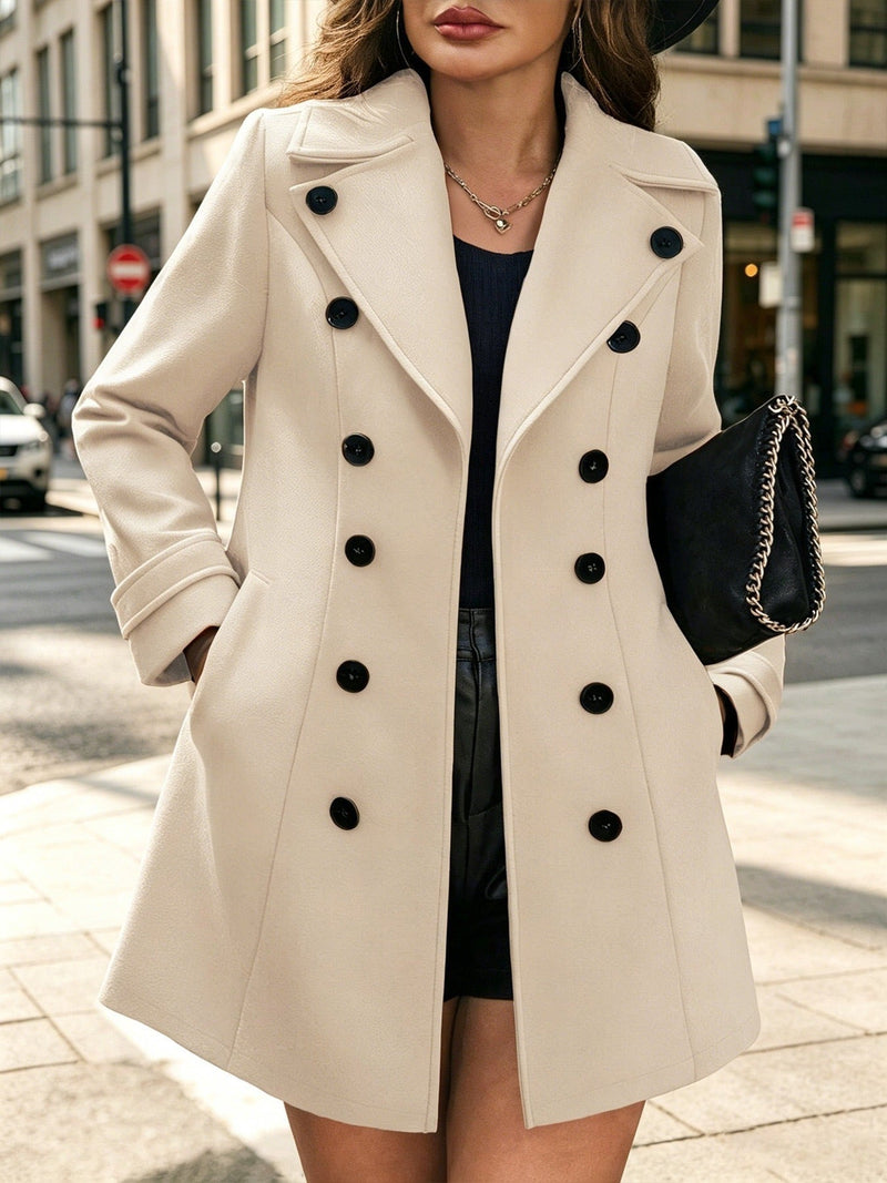 Fitted Double Breasted Pea Coat for Women with Notched Lapels in Beige, front view