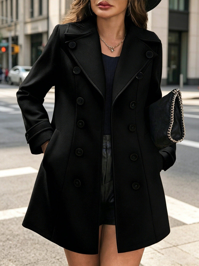 Fitted Double Breasted Pea Coat for Women with Notched Lapels in Black, front view