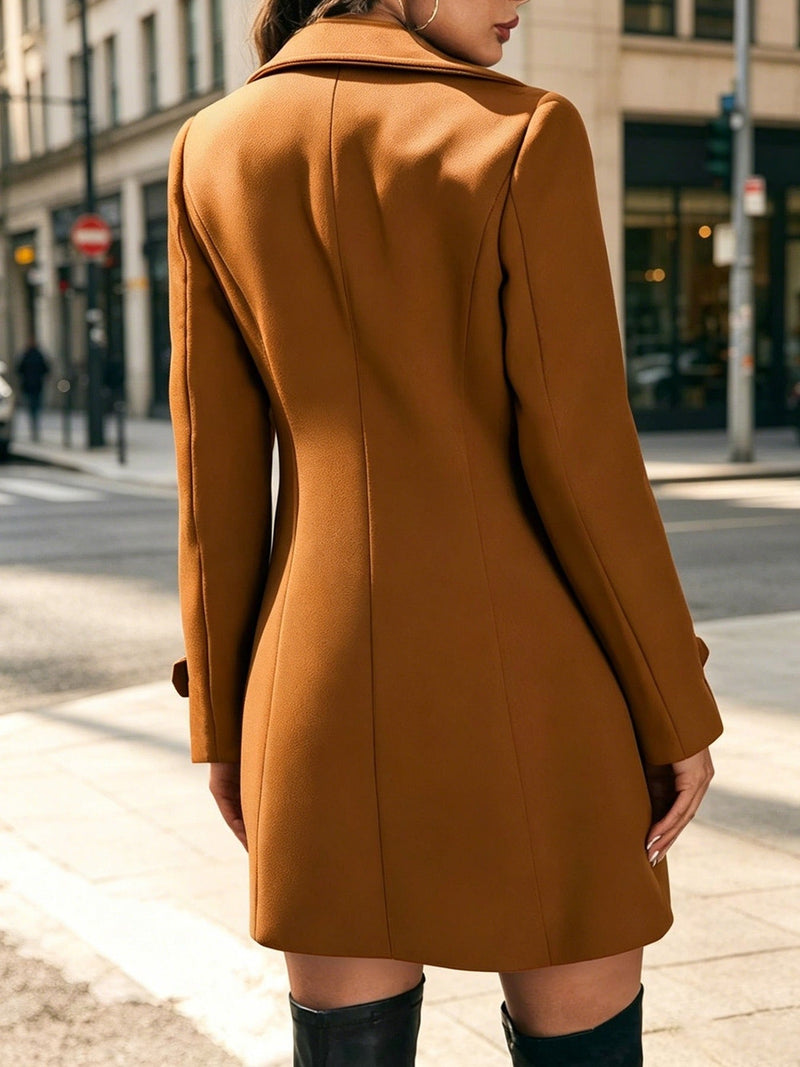 Fitted Double Breasted Pea Coat for Women with Notched Lapels in Brown, back view