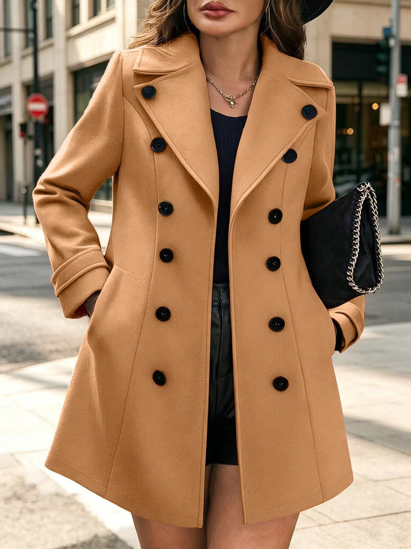 Fitted Double Breasted Pea Coat for Women with Notched Lapels in Khaki, front view