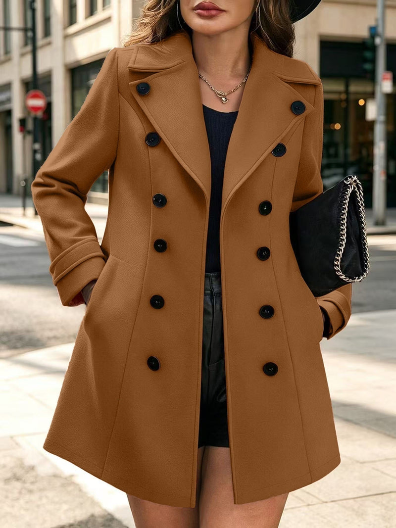 Fitted Double Breasted Pea Coat for Women with Notched Lapels in Mocha, front view