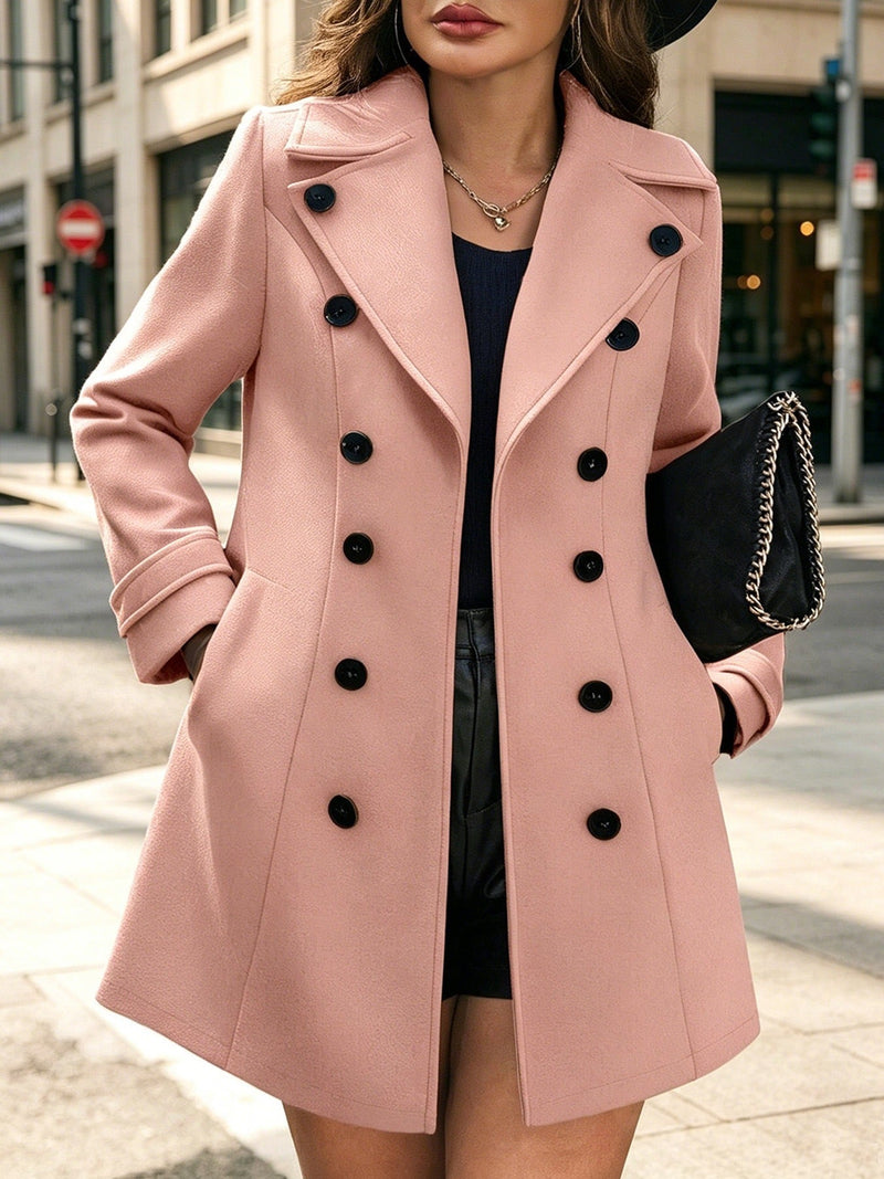Fitted Double Breasted Pea Coat for Women with Notched Lapels in Pink, front view