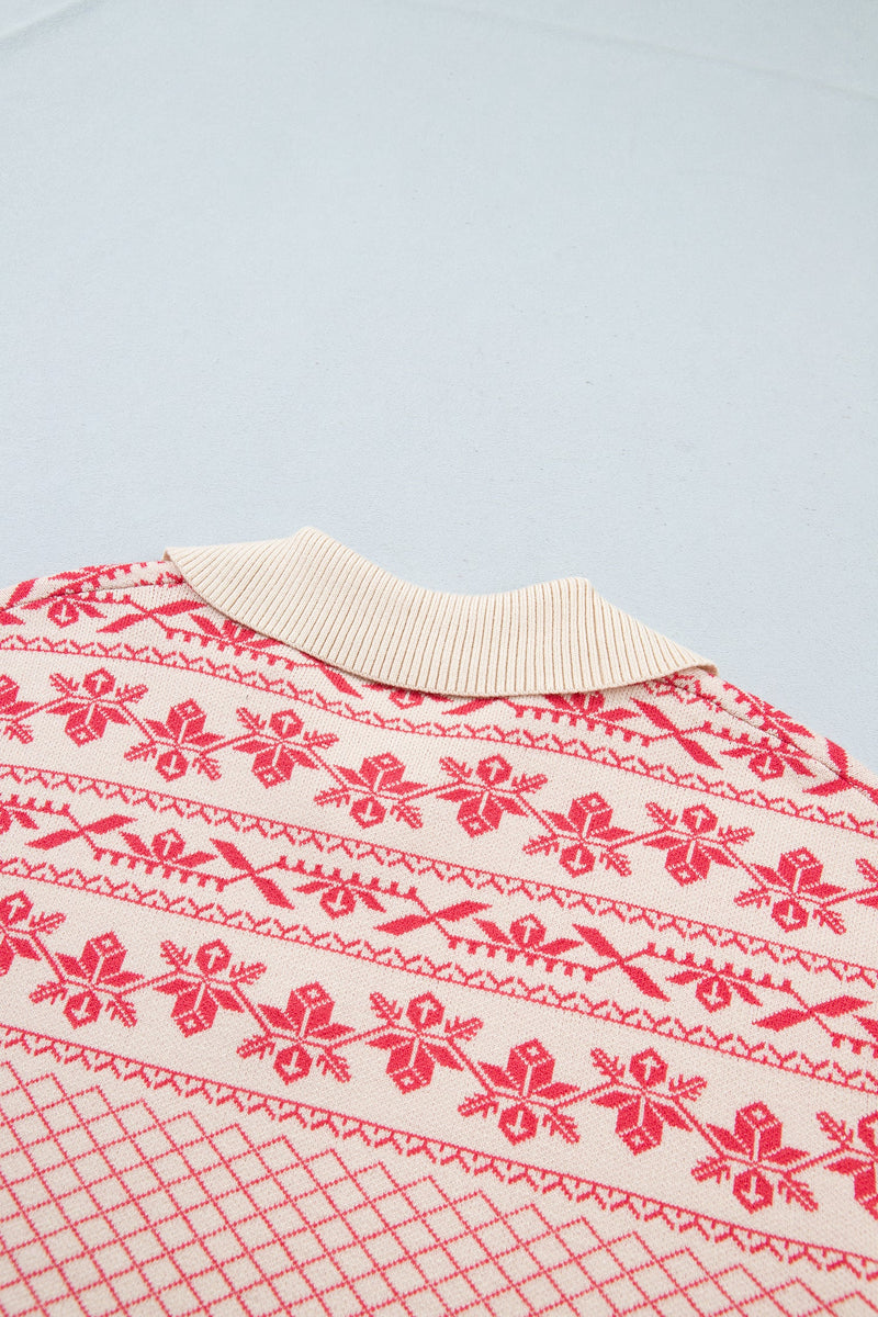 Fair Isle Collared Sweater for Women with Half Button Placket in Pink, back collar detail