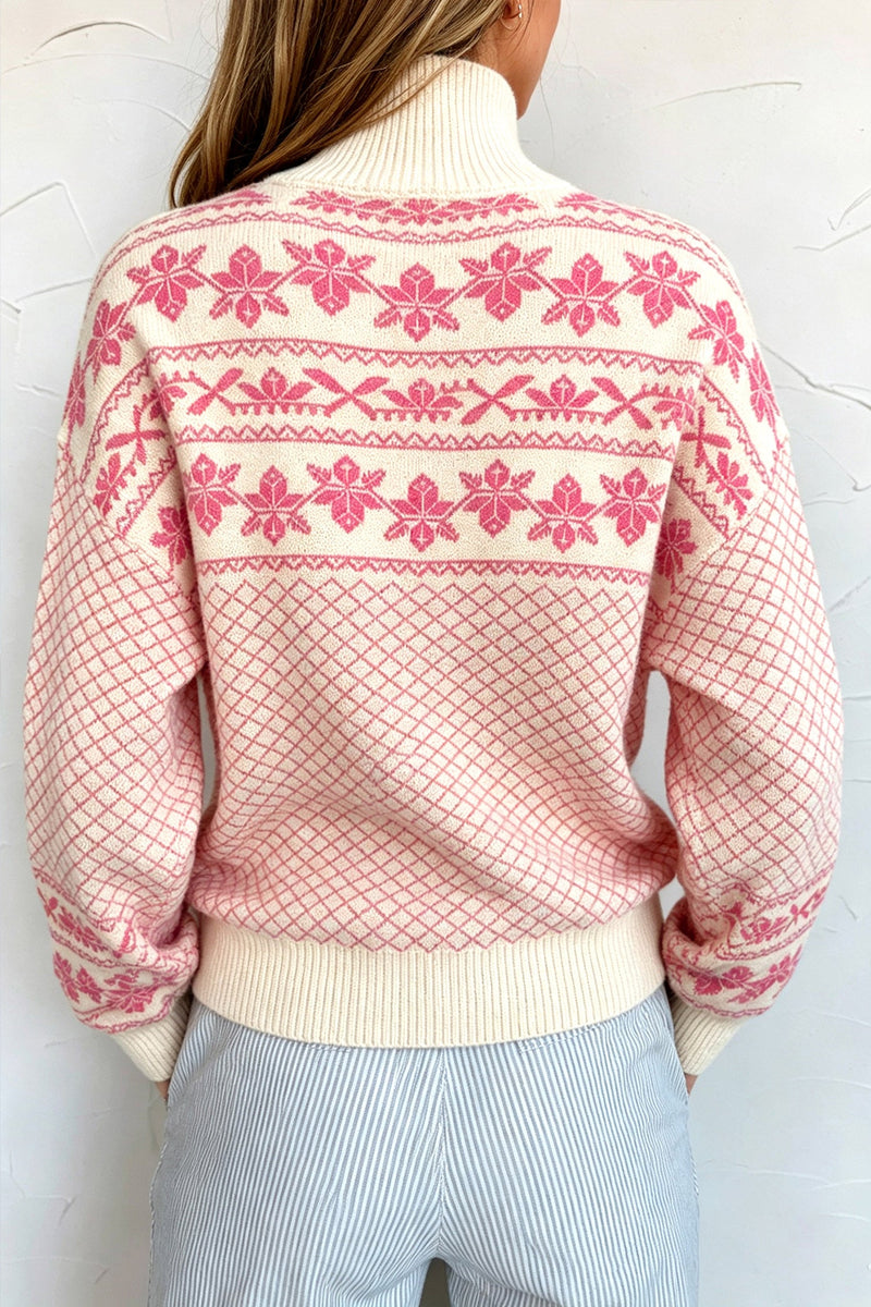 Fair Isle Collared Sweater for Women with Half Button Placket in Pink, back view