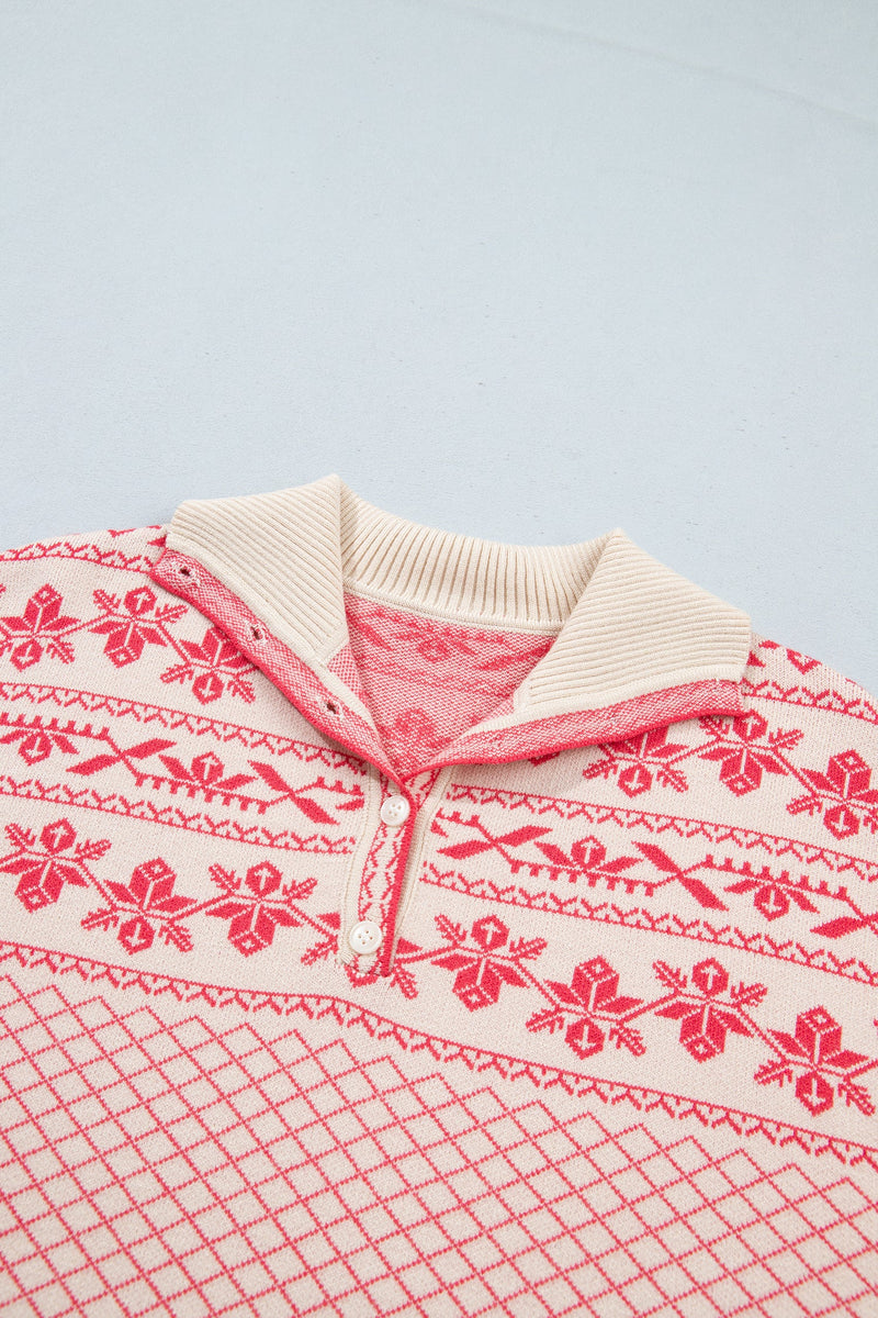 Fair Isle Collared Sweater for Women with Half Button Placket in Pink, collar detail
