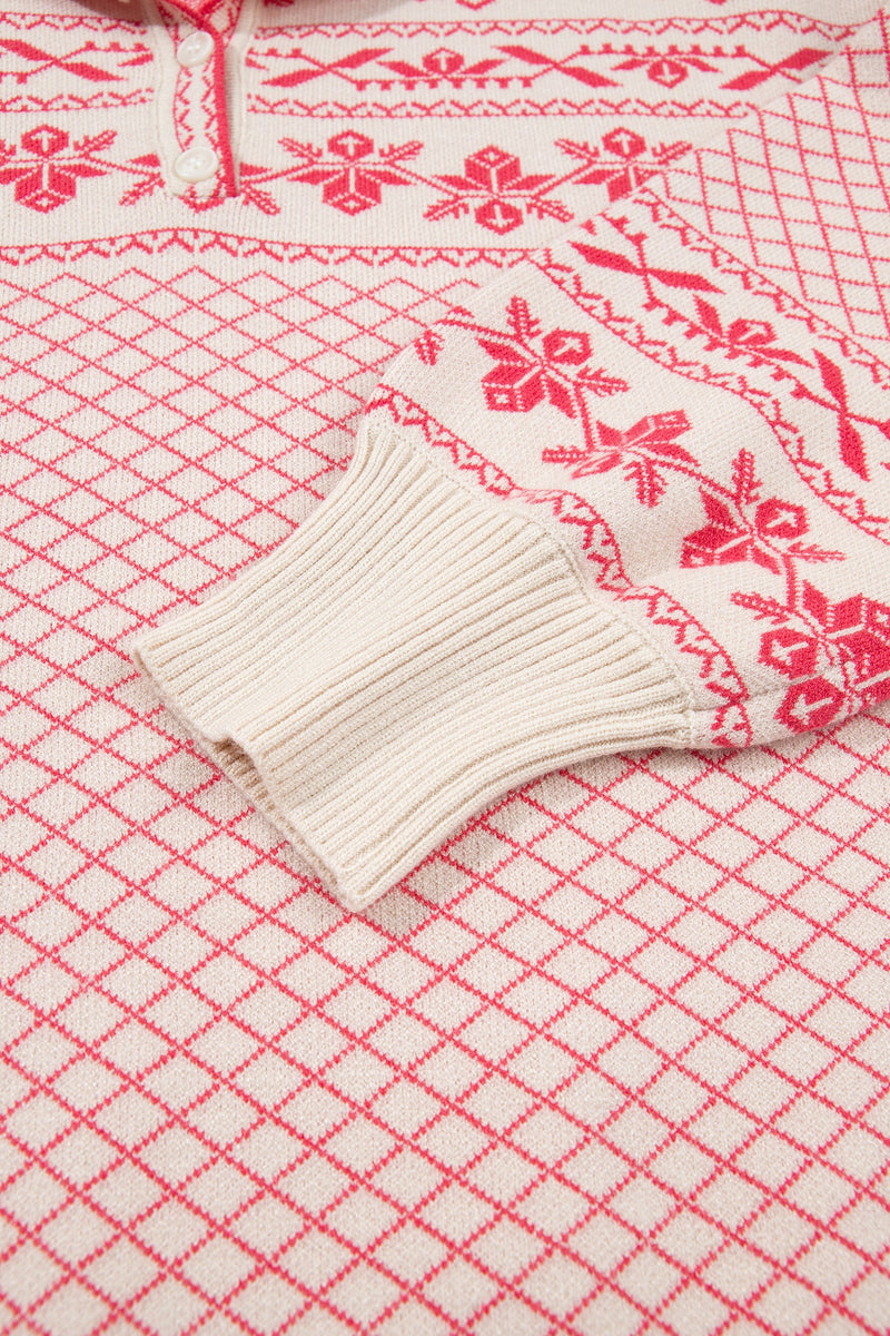 Fair Isle Collared Sweater for Women with Half Button Placket in Pink, cuff detail