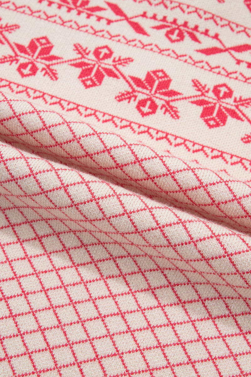 Fair Isle Collared Sweater for Women with Half Button Placket in Pink, fabric close-up