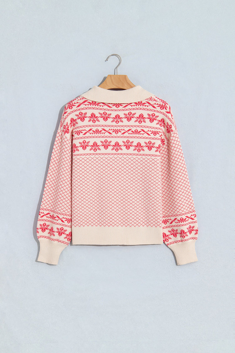 Fair Isle Collared Sweater for Women with Half Button Placket in Pink, flat lay back