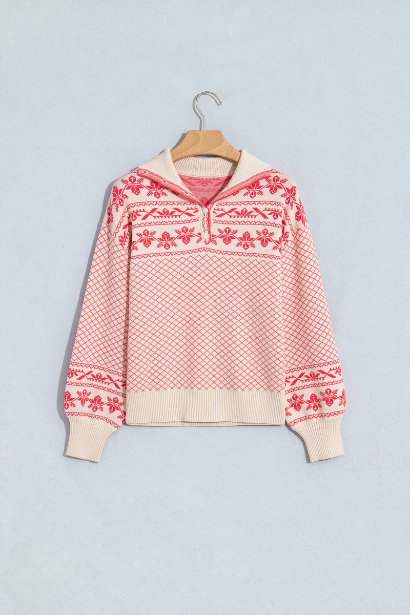 Fair Isle Collared Sweater for Women with Half Button Placket in Pink, flat lay front