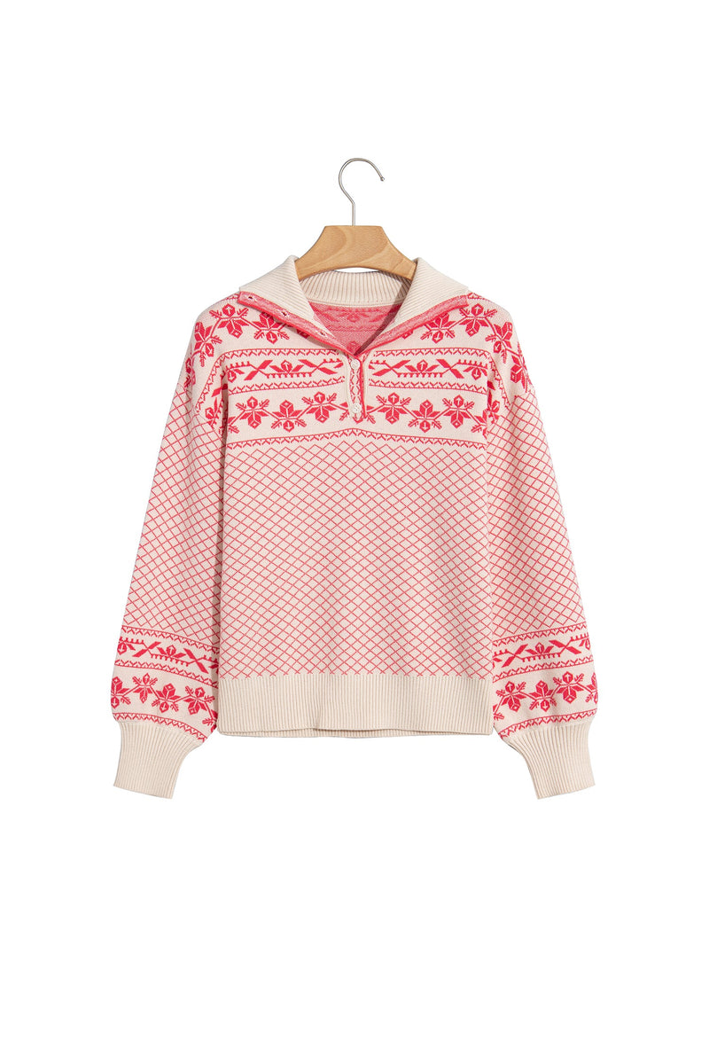 Fair Isle Collared Sweater for Women with Half Button Placket in Pink, flat lay on white