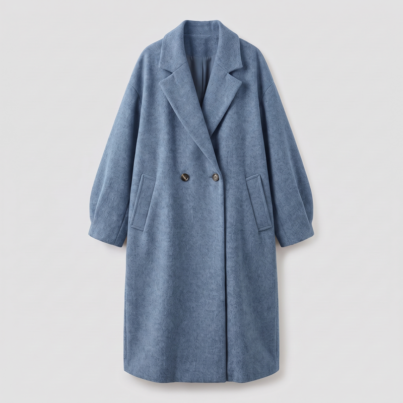 Oversized Long Wool-Look Winter Coat for Women with Double-Breasted Front in Blue, front view