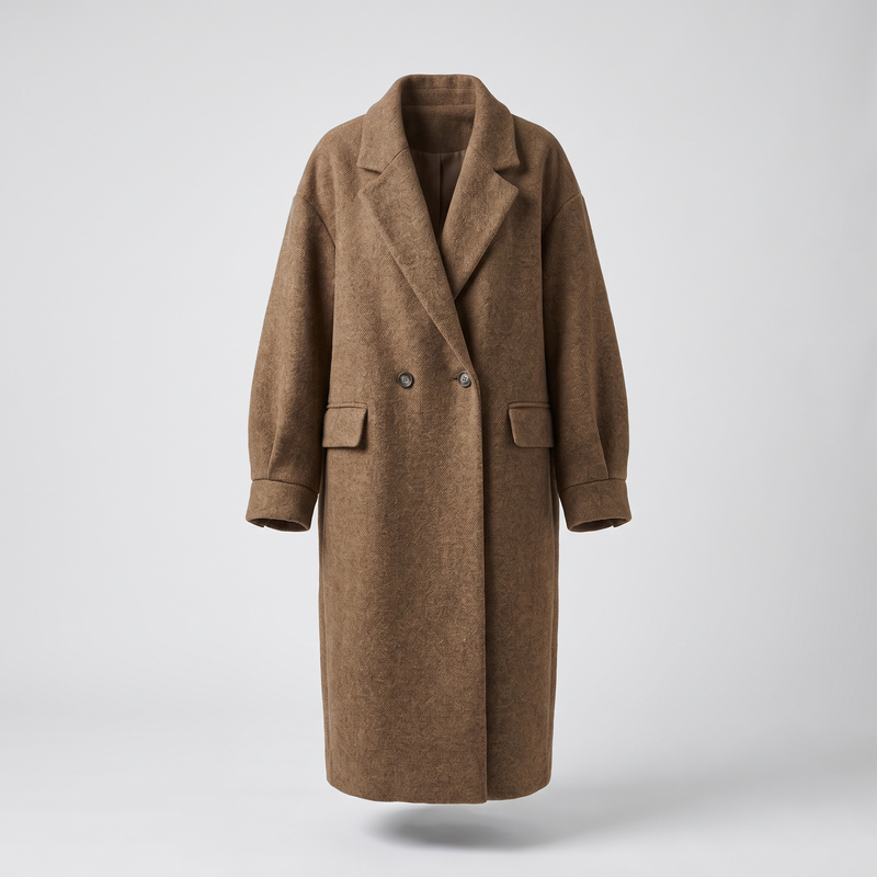 Oversized Long Wool-Look Winter Coat for Women with Double-Breasted Front in Brown, front view