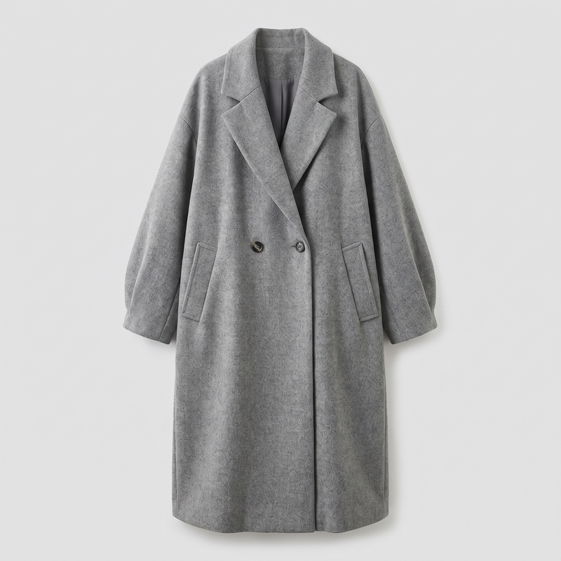 Oversized Long Wool-Look Winter Coat for Women with Double-Breasted Front in Gray, front view