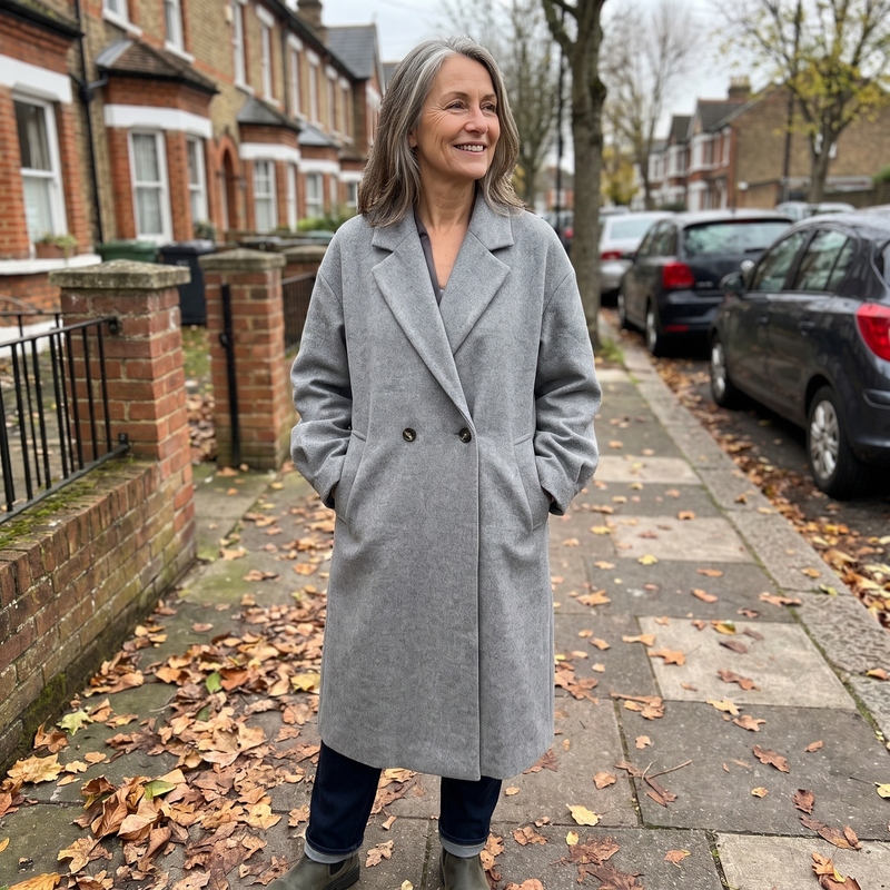 Oversized Long Wool-Look Winter Coat for Women with Double-Breasted Front in Gray, street view