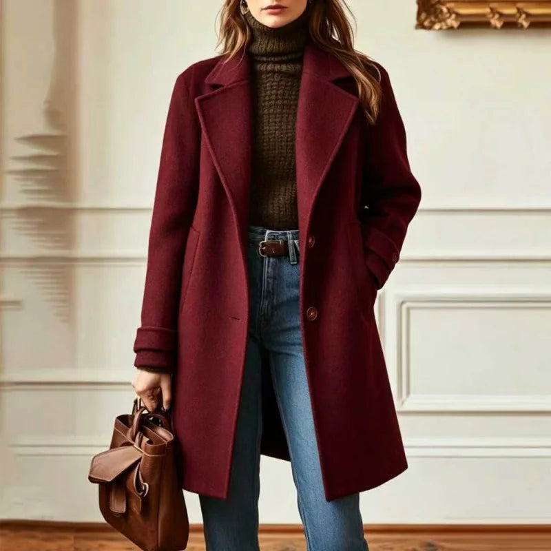 Mid Length Wool-Look Coat for Women with Wide Retro Lapels in Burgundy, front view