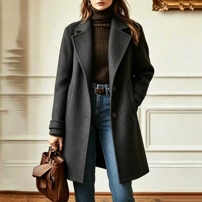 Mid Length Wool-Look Coat for Women with Wide Retro Lapels in Gray, front view