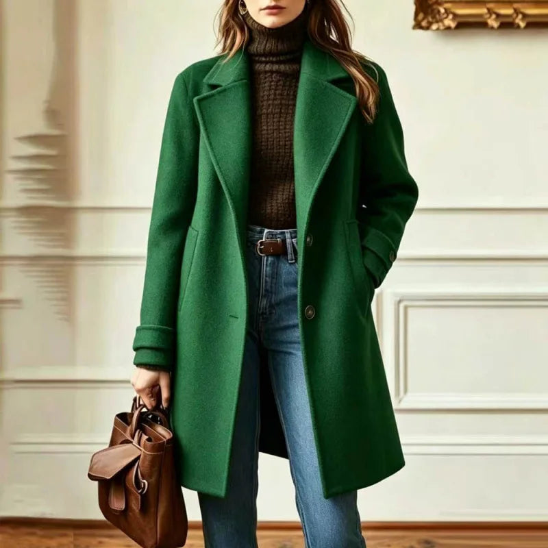 Mid Length Wool-Look Coat for Women with Wide Retro Lapels in Green, front view