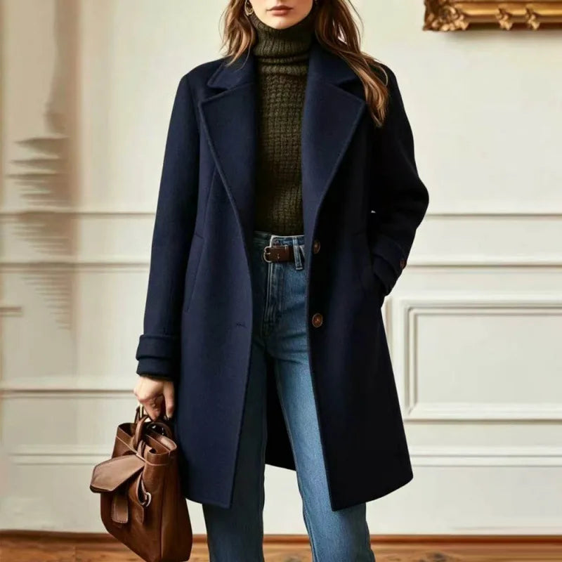 Mid Length Wool-Look Coat for Women with Wide Retro Lapels in Navy, front view