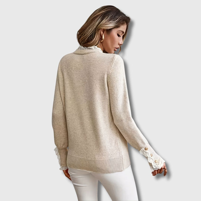 Lace Trim Crew Neck Sweater for Women with Button Cuffs in Beige, back view