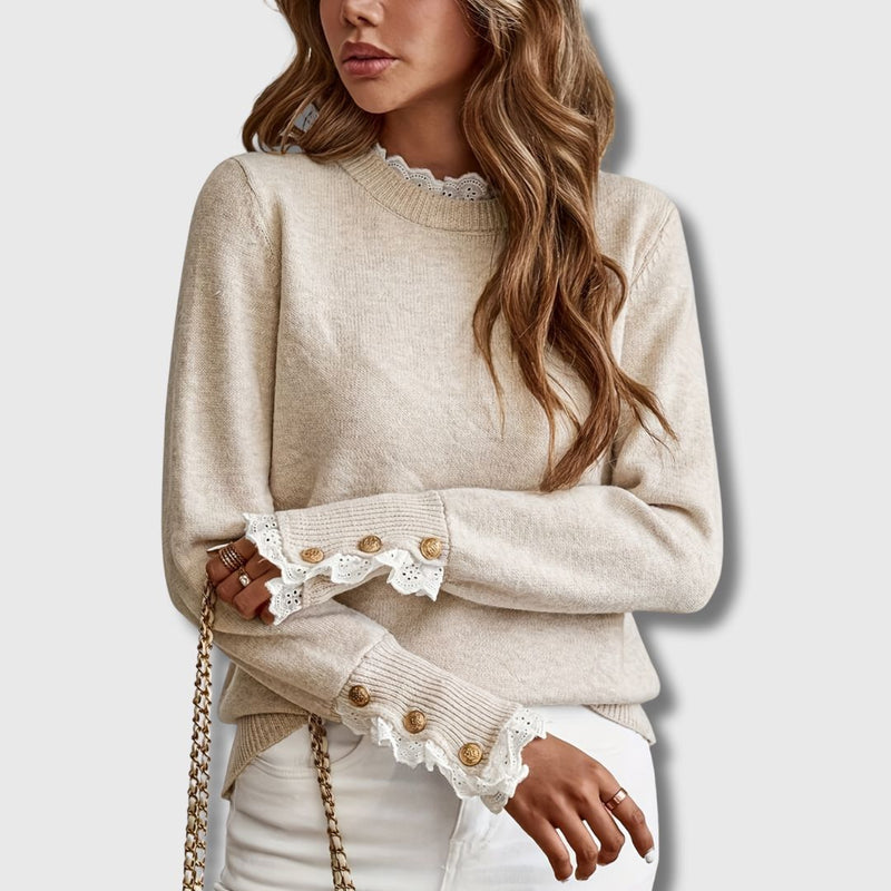 Lace Trim Crew Neck Sweater for Women with Button Cuffs in Beige, side view