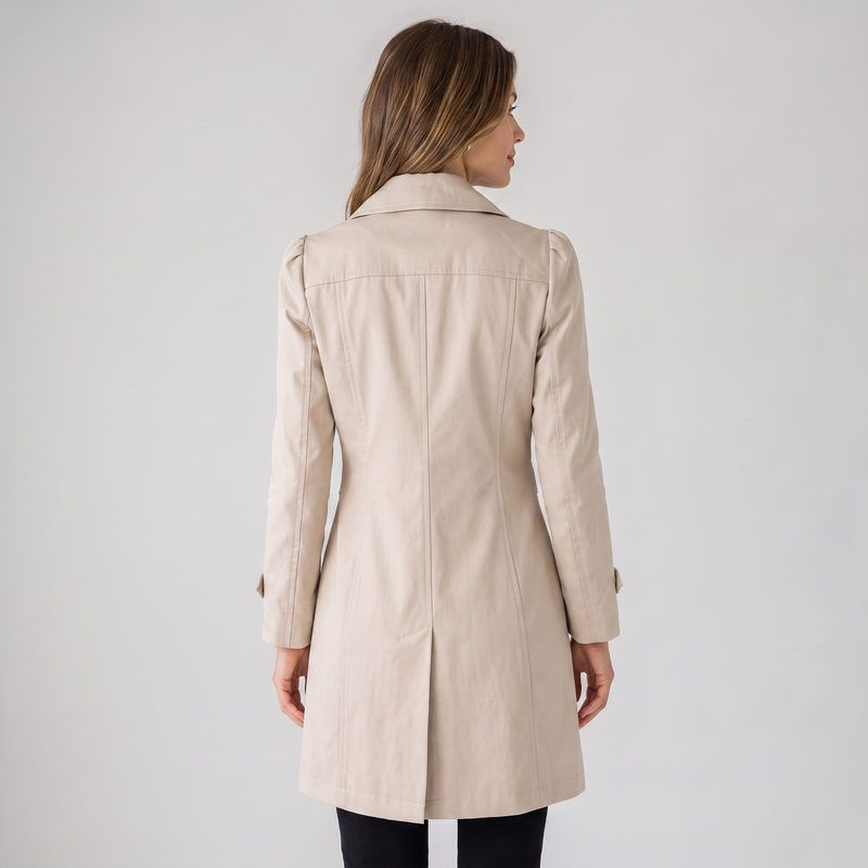 Slim Short Trench Coat for Women with Notched Collar and Cuff Tabs in Beige, back view