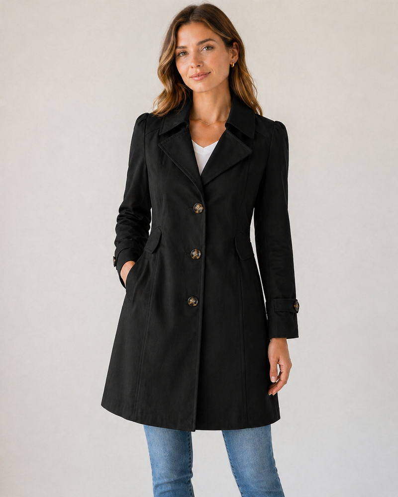 Slim Short Trench Coat for Women with Notched Collar and Cuff Tabs in Black, front view